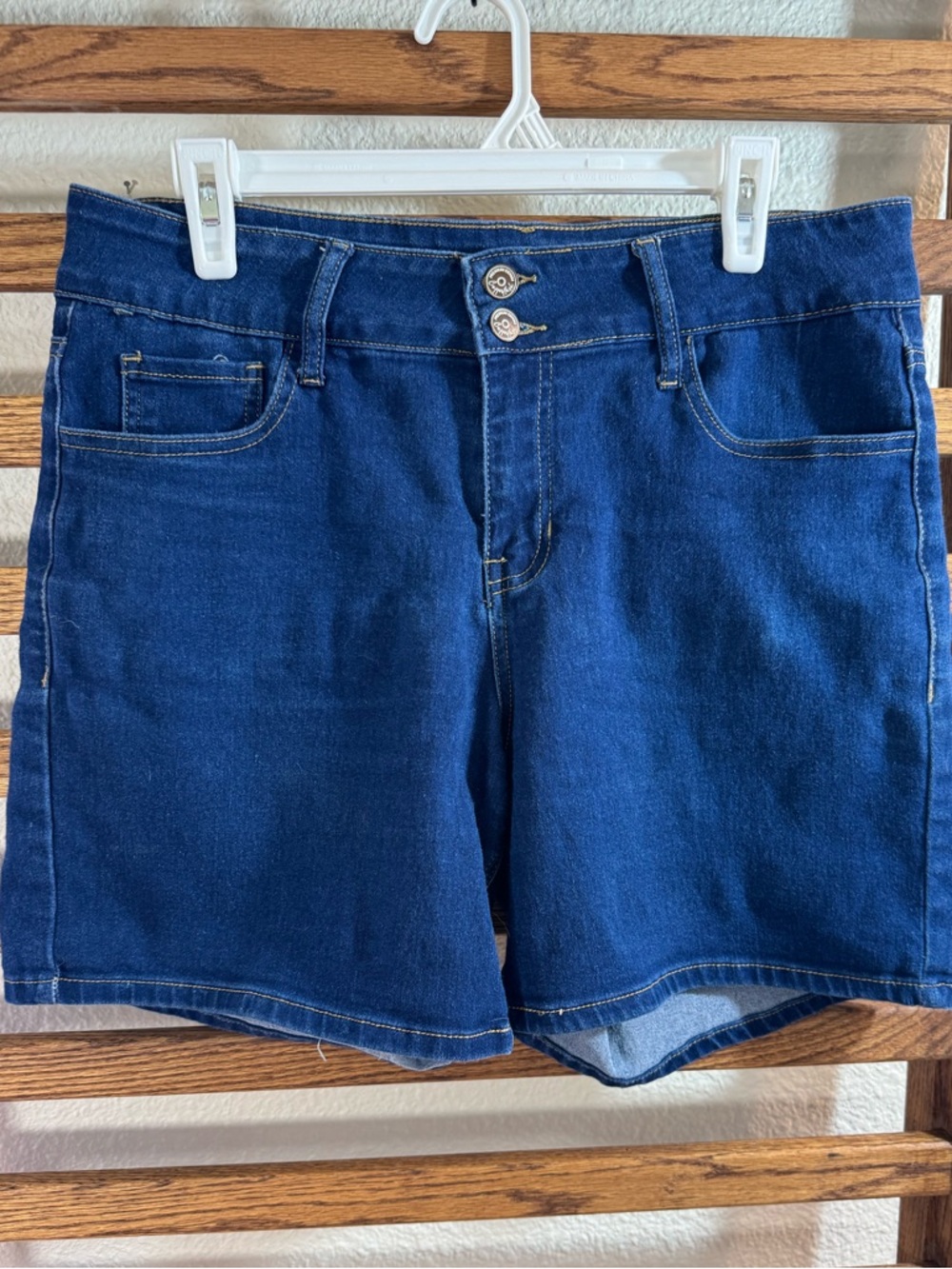 High-Rise Dark Blue Denim Jean Shorts with Double-Button Waist